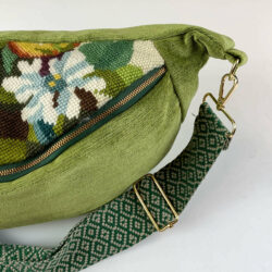 Sac banane velours vert canevas laine fleur